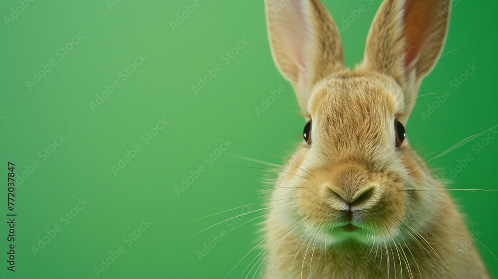 close-up of a young rabbit on a green background, gazing directly at the camera in a professional photo studio setting. Perfect for a pet shop banner or advertisement