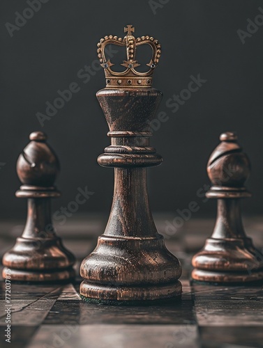 A chess piece in the shape of an king with crown on top, standing between two other pieces The background photo