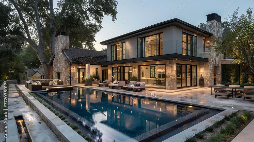 A contemporary farmhouse with a poolside patio, perfect for summer relaxation.