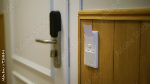 Card key. Electronic key. Electronic room key. Electronic key security. Access. Identification. Electronic signals. Mode of access. Magnetic strips. Biometric scanners. Access device. A man is
