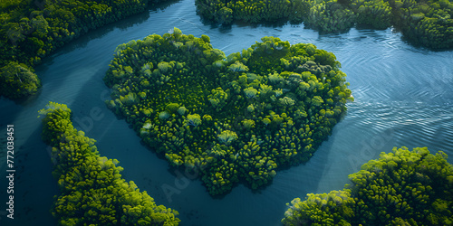 Heart of Voh, aerial view, formation of mangroves vegetation resembles a heart seen from above, New Caledonia, Micronesia, South Pacific Ocean. Heart of Earth. Earth day.  generative ai  photo