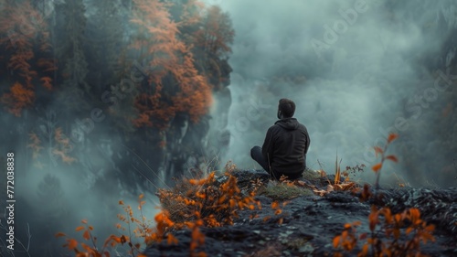 Contemplative figure overlooking misty forest - This image showcases a person in contemplation amidst autumn colors, overlooking a misty, atmospheric forest landscape