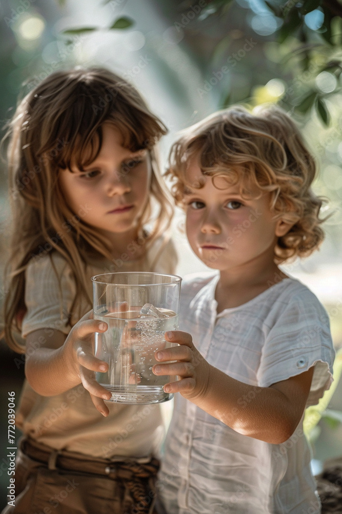 children drink water from glasses on the background of nature children drink water from glasses on the background of nature