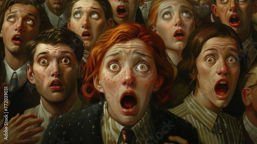 Illustrated crowd with shocked expressions color - A detailed illustration of a diverse crowd with various shocked facial expressions in vivid colors
