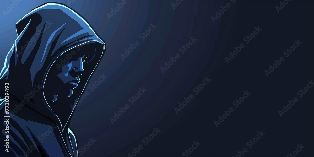 Portrait of hooded thief on the left side isolated on the dark blue background with copy space, crime concept - obrazy, fototapety, plakaty 