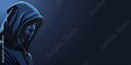 Portrait of hooded thief on the left side isolated on the dark blue background with copy space, crime concept