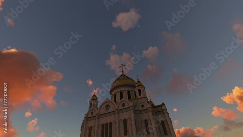 Sunset aerial drone view of the Cathedral of Christ the Saviour in Moscow. Russia