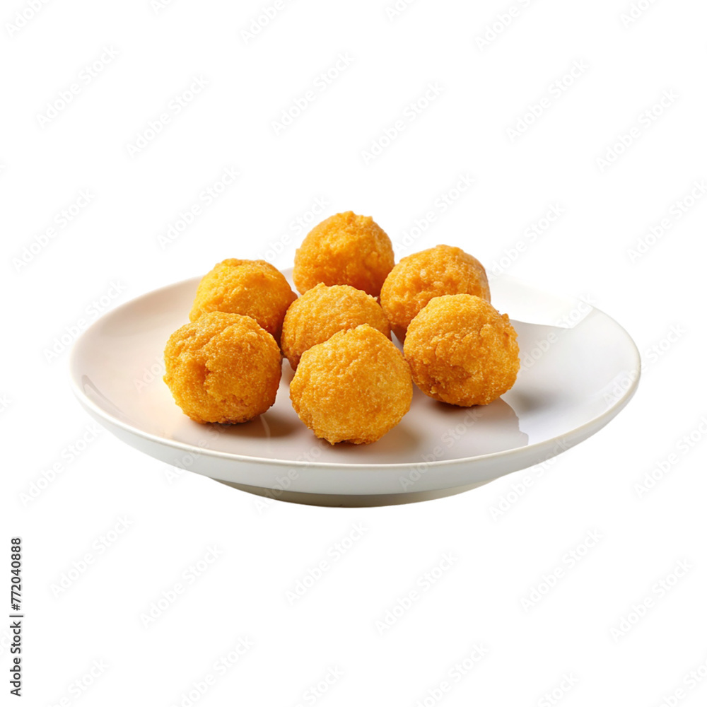 Cheeseballs in a white plate isolated on transparent background.