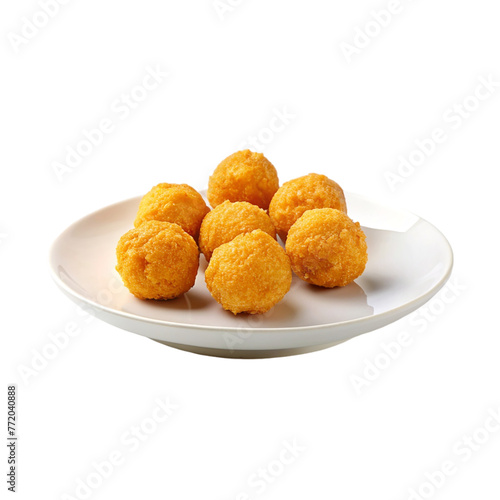 Cheeseballs in a white plate isolated on transparent background.
