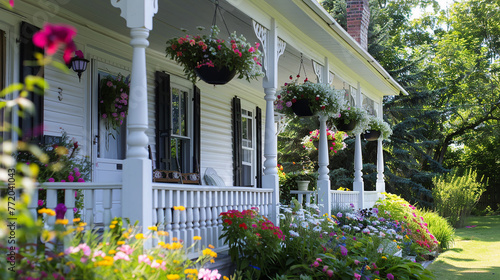 A farmhouse with a wraparound porch, adorned with hanging baskets of flowers.