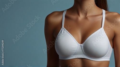Girl wearing a white bra on an isolated blue background. The concept of healthy eating, body care.