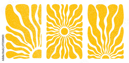 Sun groovy vertical prints set isolated on transparent background. Hand drawn abstract floral patterns with vintage grainy stippling texture . Modern retro Matisse style vector illustration