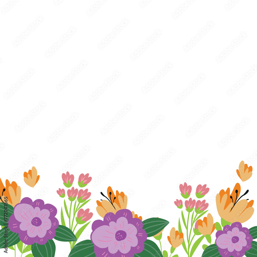 Square white banner or floral background decorated with gorgeous colorful blooming flowers and leaves border. Spring botanical vector illustration on white background Square white banner or floral background decorated with gorgeous colorful blooming flowers and leaves border. Spring botanical vector illustration on white background