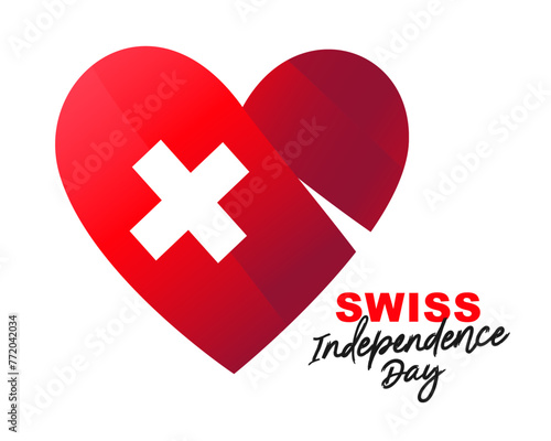 Heart with red ribbons inside. Independence Day. Flag of Switzerland. Swiss Confederation Day. Vector illustration