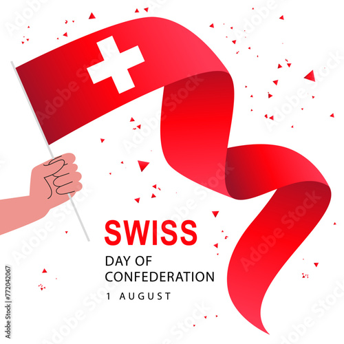 Festive red ribbon of the Swiss flag in the hand of a man. 1 August. Confederation Day in Switzerland. Federal holiday