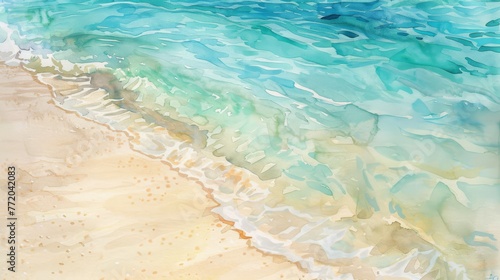 Vibrant watercolor painting of a beach with crystal blue waters meeting golden sands, perfect for tropical themes and travel designs.
