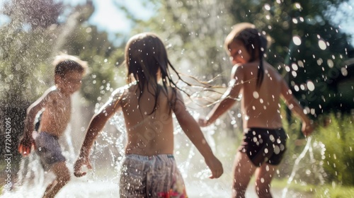 Children gleefully play in a sprinkler on a sunny day, evoking joy and nostalgia, ideal for family, lifestyle, and summer campaigns. photo