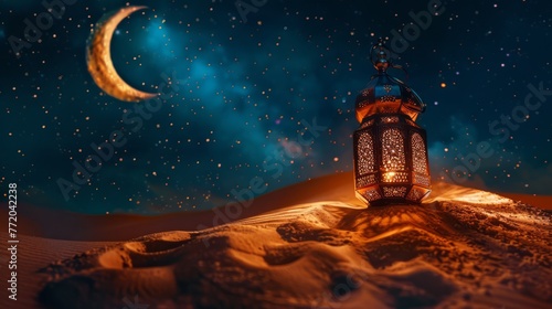 The desert night comes alive with a symphony of stars  highlighted by the soft light of an intricate Moroccan lantern.