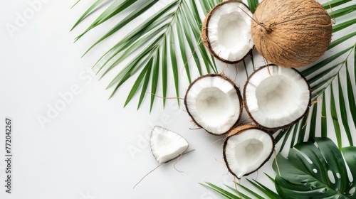 Fresh coconuts and tropical palm leaves frame a clean white background, perfect for wellness themes, organic product layouts, or spa marketing materials.