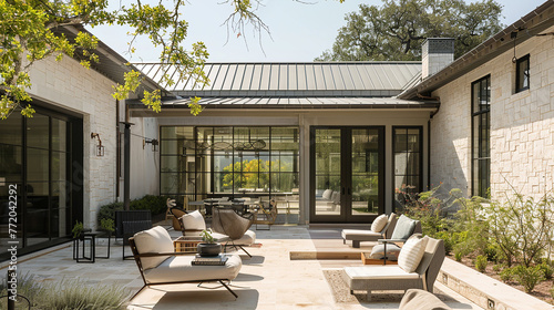 A modern farmhouse with a breezy open-air courtyard, perfect for outdoor living.