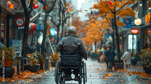 A disabled man in a wheelchair in traffic