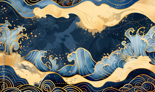 Luxury Blue and Gold Japanese Wave Illustration, Generative AI © simba kim