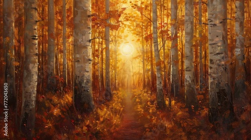Oil painting of a birch forest at sunset during autumn