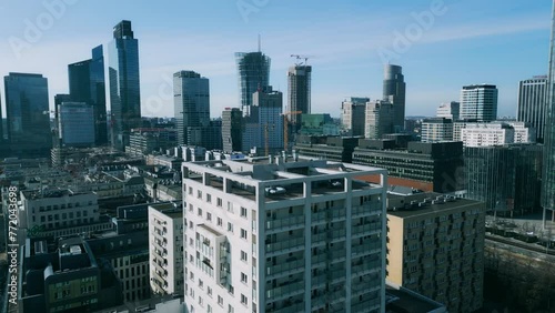 City. Multi-story buildings. High-rises. Megopolis. City center. Warsaw. Warsaw from the sky. Poland. Glass skyscrapers. Construction. Business Center. Office buildings. High quality 4k footage