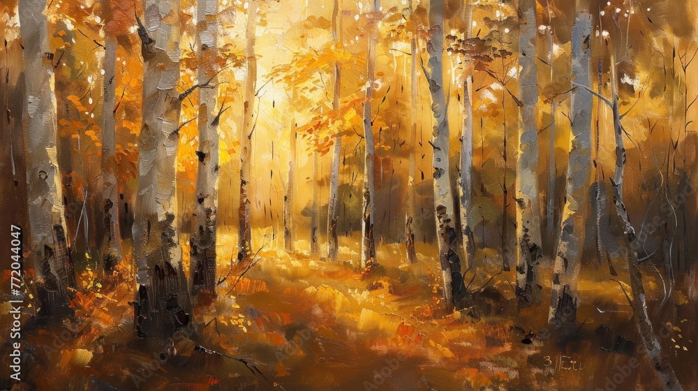 Autumn oil painting of birch forest at sunset with warm hues and dappled light.
