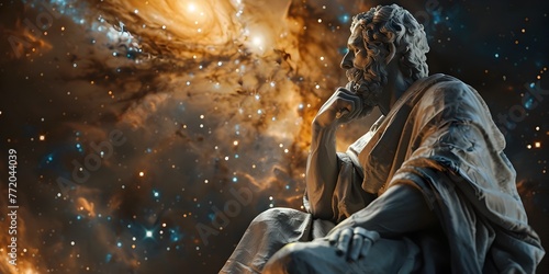 Wise Philosopher in Cosmos of Contemplation Pondering Under Starry Skies in Surreal D Render