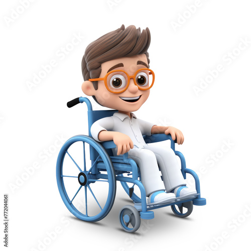 3d cute patient character in a wheelchair with glasses and a shirt