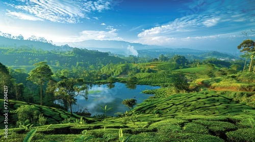 Tea plantation with lush greenery stretching as far as the eye can see.