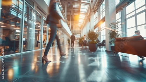 bright business office with people walking, motion blur photo