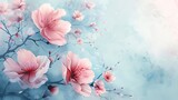 Vintage manga flowers in soft blue & pink, minimalist, space for text.