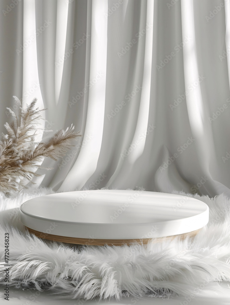 white circular podium on white fur with curtain background for luxury product advertising vertical aspect white circular podium on white fur with curtain background for luxury product advertising vertical aspect