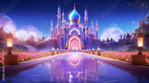 welcome ramadan mubarak illustration with glowing mosque photo