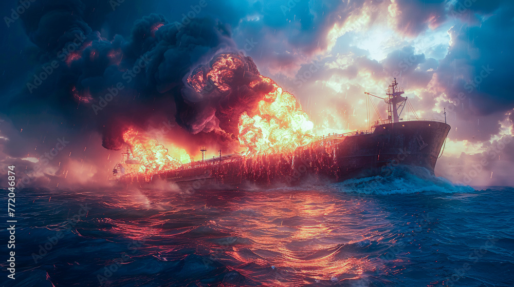 Environmental disaster at sea. A burning oil tanker in the sea.