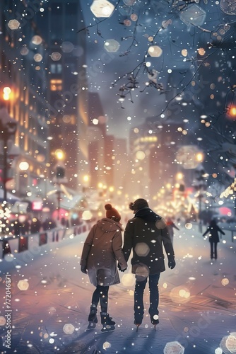 Couple walking on snowy city street at night