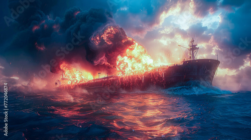Environmental disaster at sea. A burning oil tanker in the sea. photo