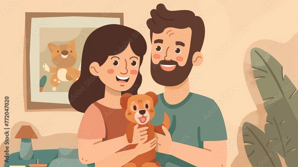 Animated couple with a dog in a cozy room Animated couple with a dog in a cozy room