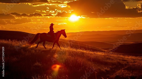 Horseback rider in golden field at sunset