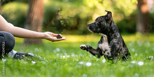 Woman offering a treat to a dog in the park photo