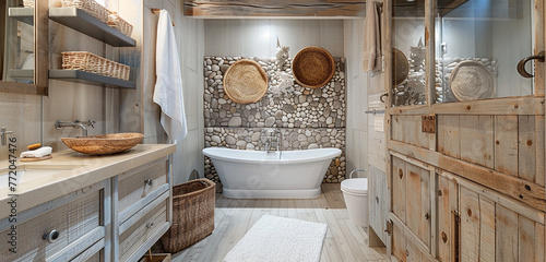 A coastal-inspired washroom with driftwood accents and sandy hues.