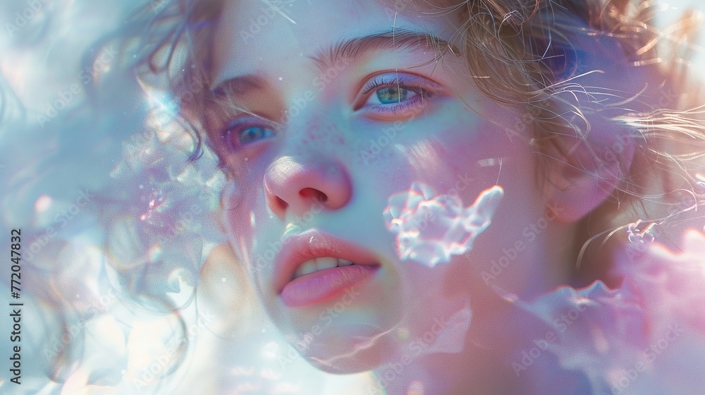 Illustrate a portrait enveloped in soft, ethereal lighting, with dreamy pastel colors highlighting the subjects features, creating a mesmerizing contrast that evokes a sense of tranquility