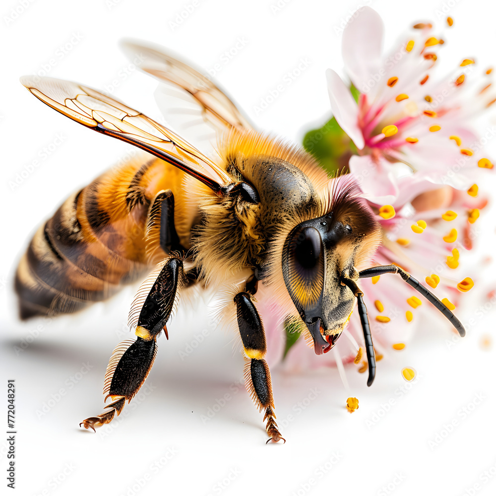 A close-up of a bee pollinating a flower isolated on white background, professional photography, png
 - obrazy, fototapety, plakaty 