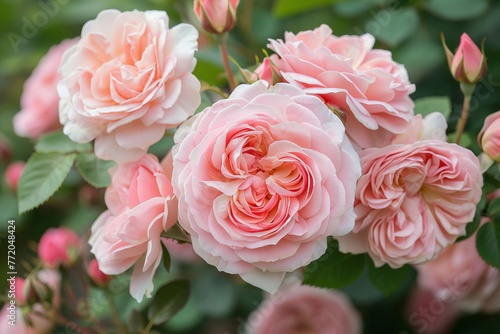 Light pink Floribunda rose blooming. Rosa Botticelli Introduced in France by Meilland