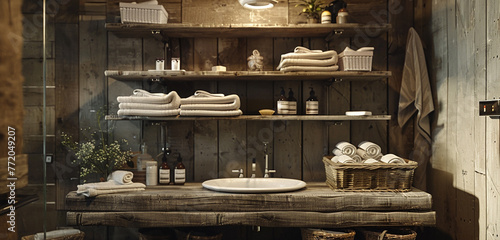A rustic washroom with weathered wooden shelves and vintage-inspired fixtures.