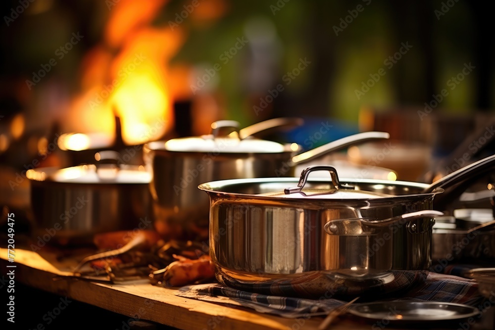Outdoor Cooking Equipment: Close-up of pots, pans, and cooking utensils.