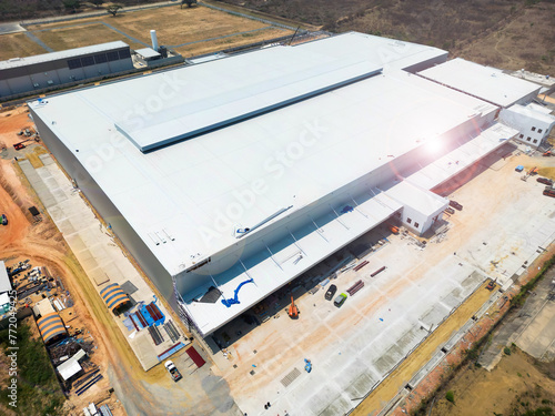  High angle view architectural detail of metal roofing on commercial construction