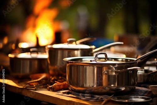 Outdoor Cooking Equipment: Close-up of pots, pans, and cooking utensils.